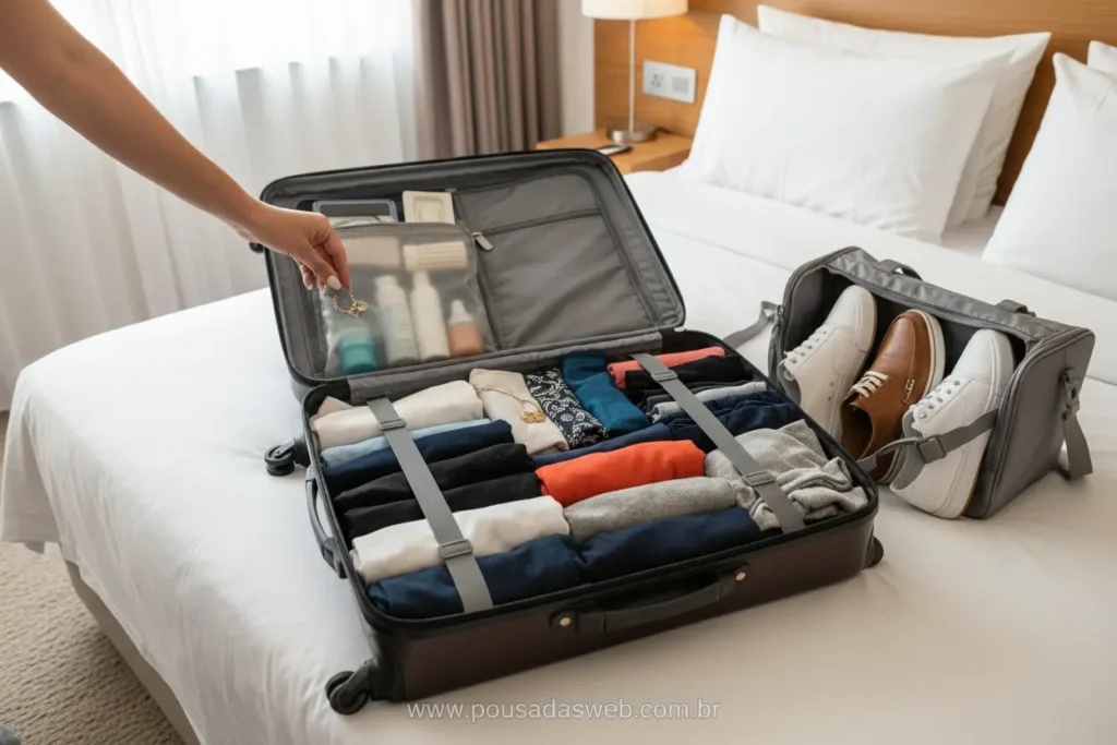 Otimizando o espaço na mala para viagem eficiente.
